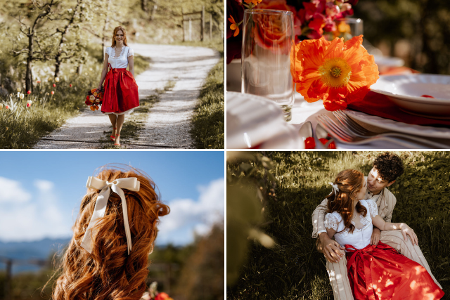 Mehr über den Artikel erfahren Poppy Love: Brautdirndl in Orange für die Trachtenhochzeit in Südtirol